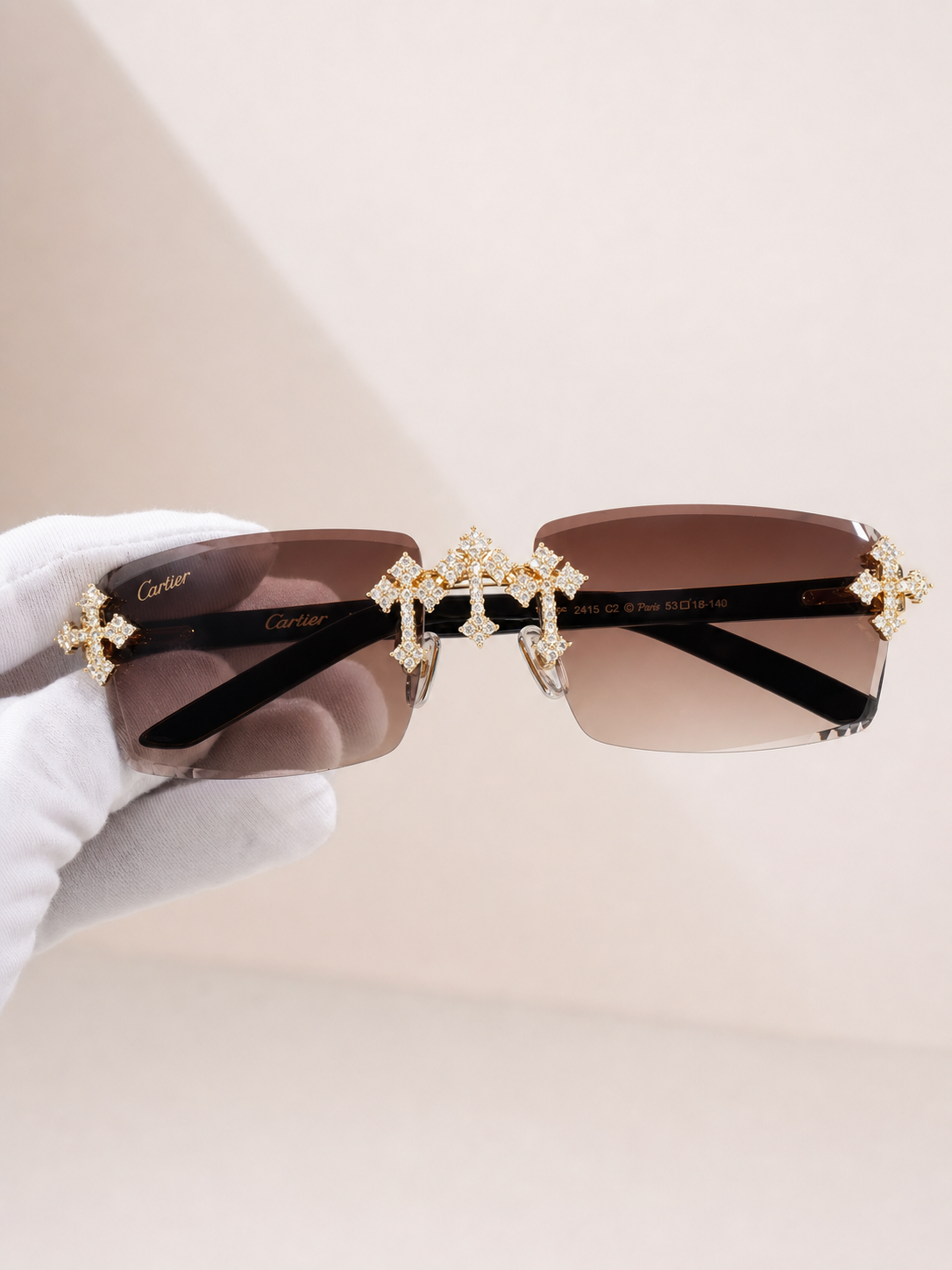Iced-Out Cartier-Style Buffs - Gold / Brown Lens