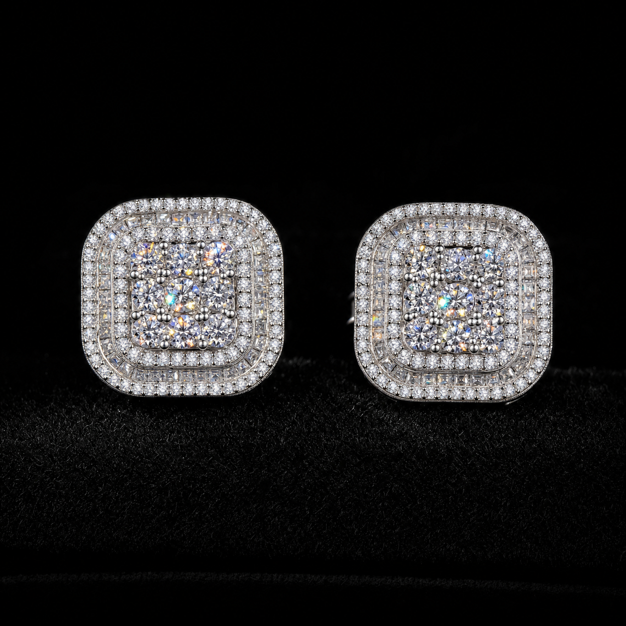 VVS1 Moissanite Square Cluster Studs - Silver