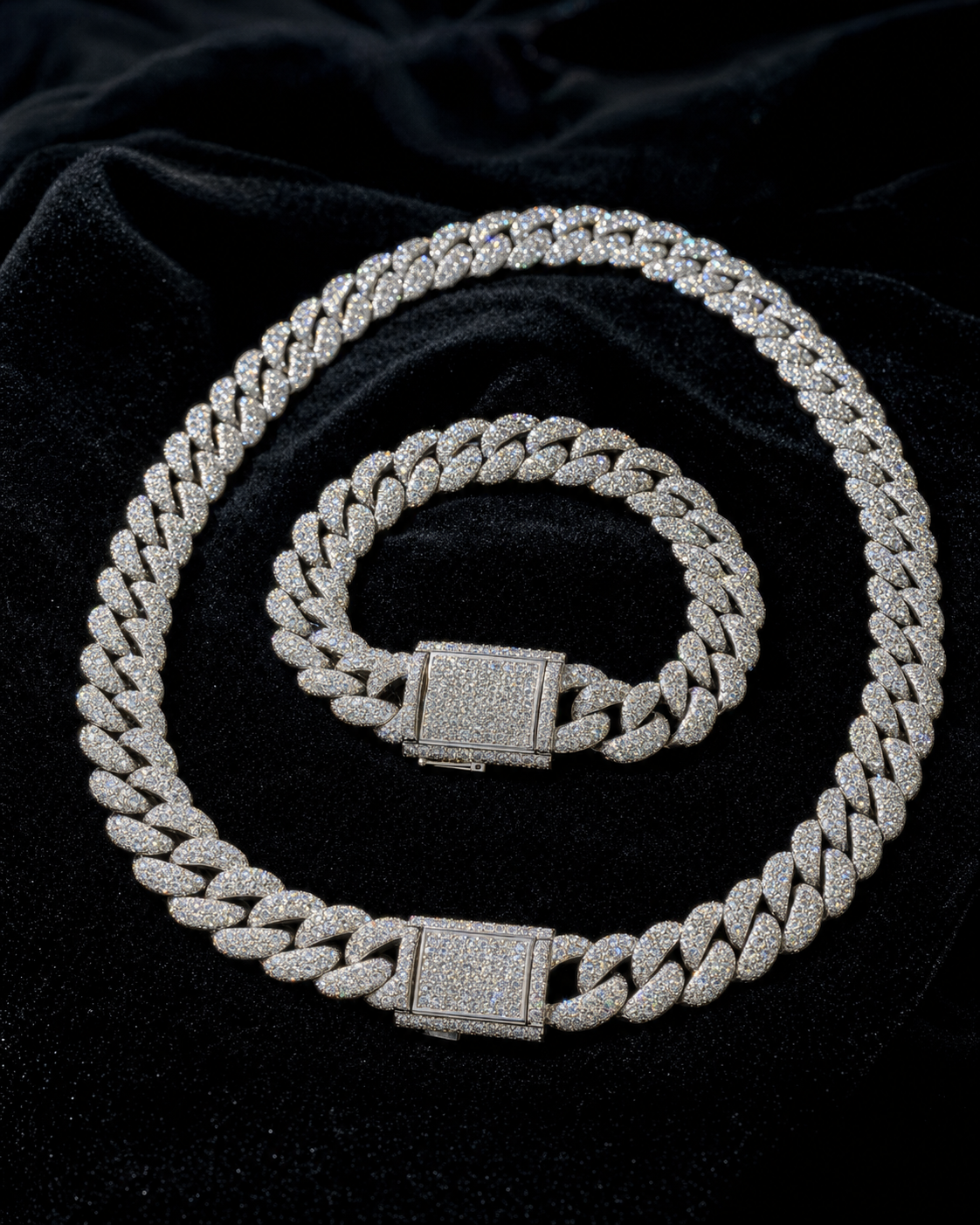 VVS1 Moissanite Cuban Chain + Bracelet Set - Silver