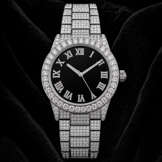 Iced Out Watch – Black Dial – Front View