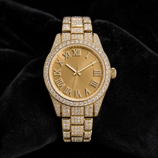 Iced Out Watch – Gold Champagne Dial – Front View