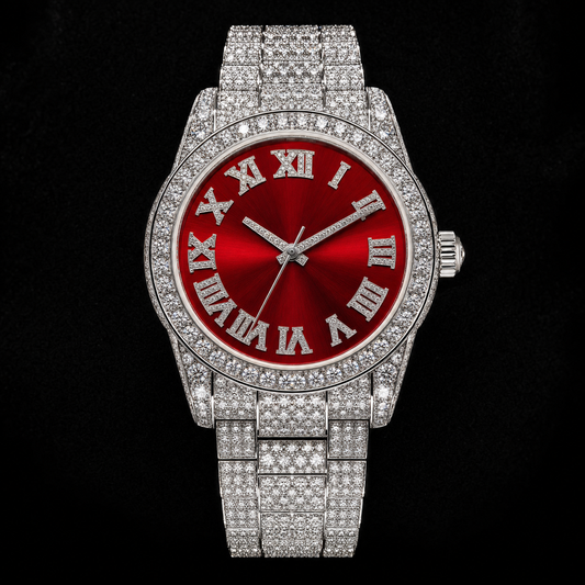 Iced Out Watch – Red Dial – Front View